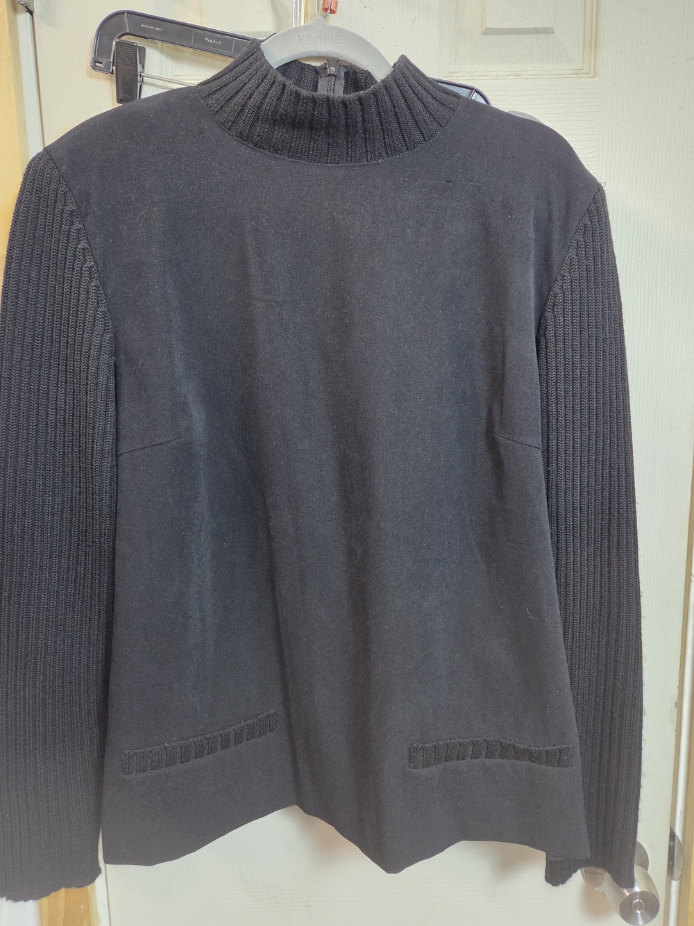 Vintage Talbots Black Mockneck Rib-Sleeve Suede Sweater Jacket Top